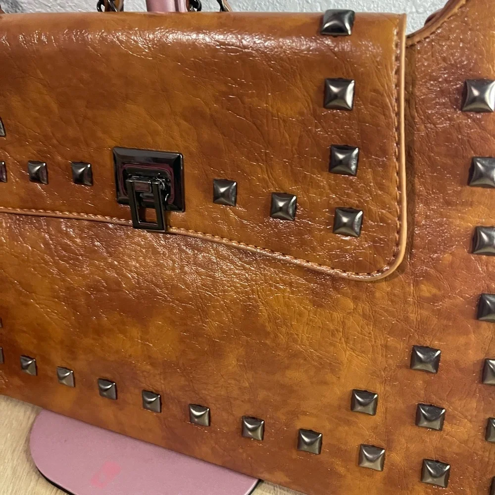 Studded Tan Leather Shoulder Bag - Picture 12 of 12